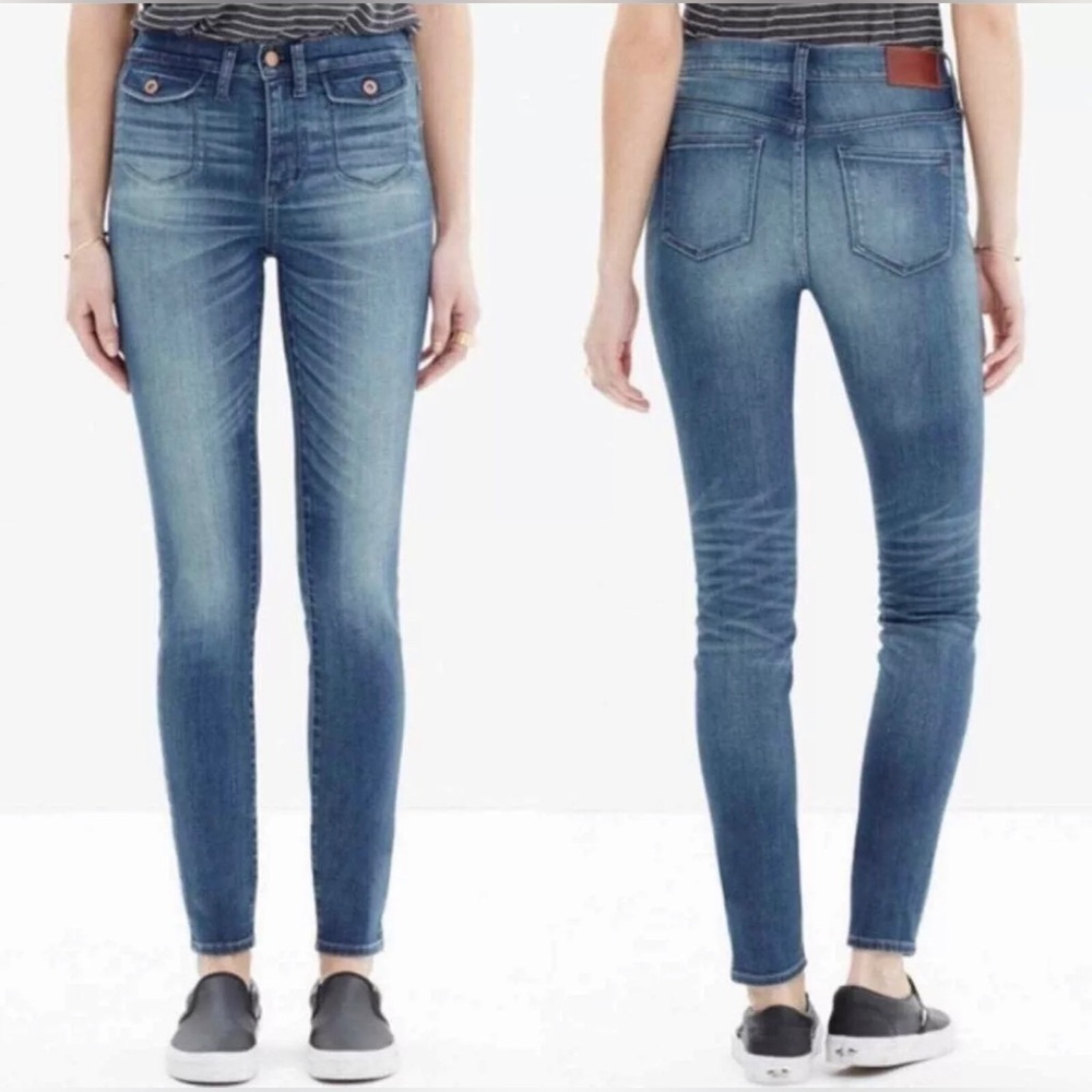 Madewell High Riser Crop Skinny Jeans Blue Denim Flap Pockets Raw Hem Size 26